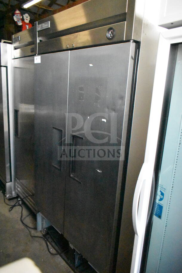 2017 True T-35 2 Door Commercial Cooler, stainless steel, 115 volts, 1 phase, slight wear, brand logo visible.