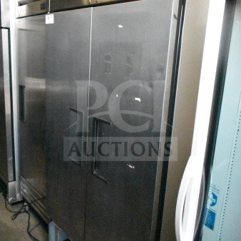 2017 True T-35 2 Door Commercial Cooler, stainless steel, 115 volts, 1 phase, slight wear, brand logo visible.