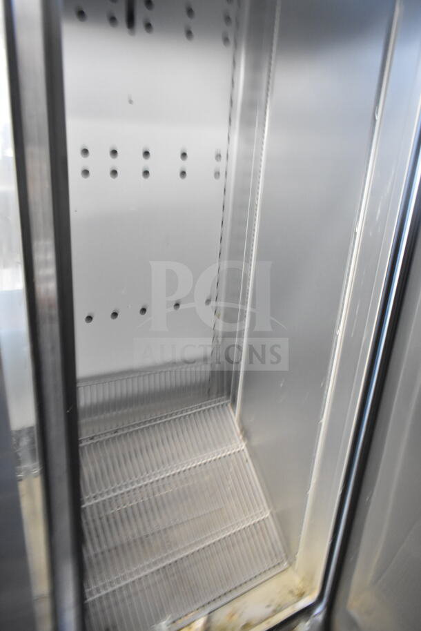 2021 True T-19F-HC commercial single door freezer, chrome interior, mounted on heavy-duty casters, 115 volts, 1 phase.