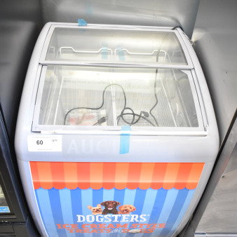 Dogsters XS-160Y Chest Freezer Merchandiser, 115 Volts, 1 Phase, good condition, promotional graphics on front.