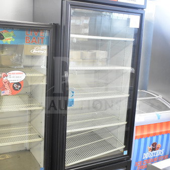 2022 True GDM-26-HC commercial single door reach-in cooler merchandiser, black exterior, glass door, 115V, 1 phase.