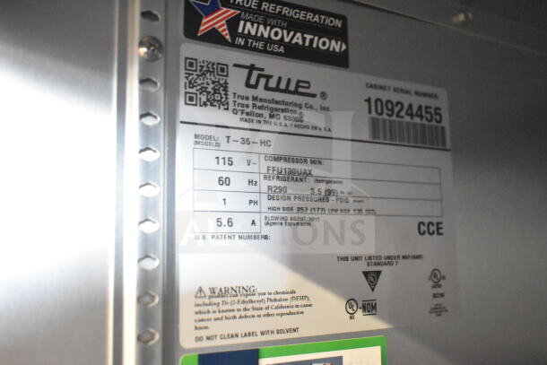 2024 True T-35-HC Commercial 2 Door Reach In Cooler label showing model, volts, phase, refrigerant, and serial number.