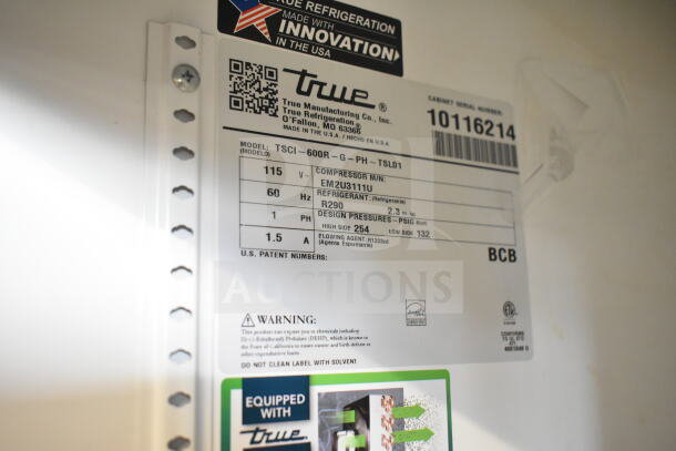 2021 True TSCI-600R-G-PH commercial cooler label, 115 volts, 1 phase, R290 refrigerant. Serial number 10116214.