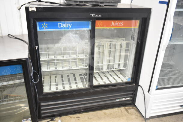 2019 True GDM-41SL-48-HC-LD commercial 2-door cooler merchandiser, black frame, glass doors marked for dairy and juices.