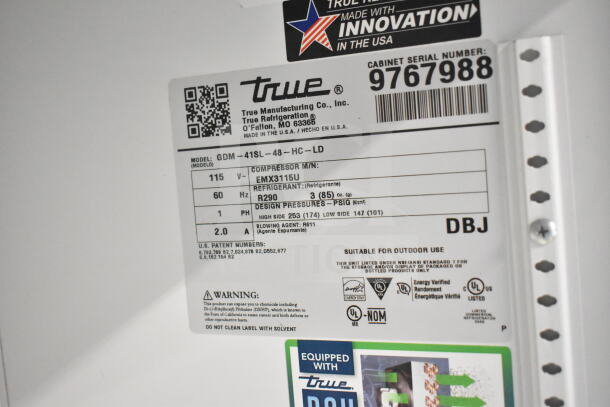 Label of a 2019 True GDM-41SL-48-HC-LD cooler, showing model, voltage (115V), phase (1), and refrigerant (R290). Made in USA.