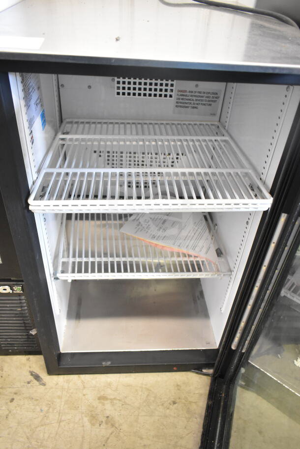 2018 True GDM-06-34-HC single door mini reach-in cooler merchandiser, 115 volts, 1 phase, clean interior, two wire shelves.