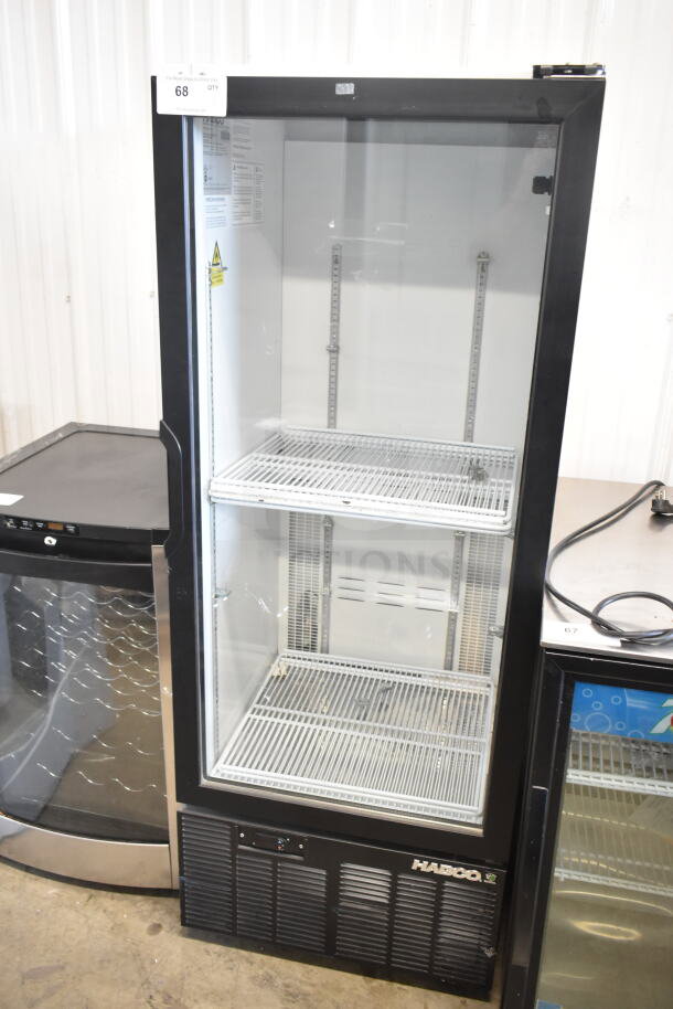 Habco SE12HC commercial single door cooler merchandiser, 115V, 1 phase, with shelves, used condition, visible control panel.