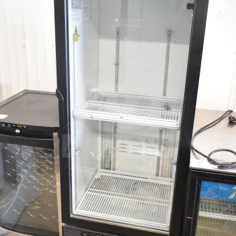 Habco SE12HC commercial single door cooler merchandiser, 115V, 1 phase, with shelves, used condition, visible control panel.