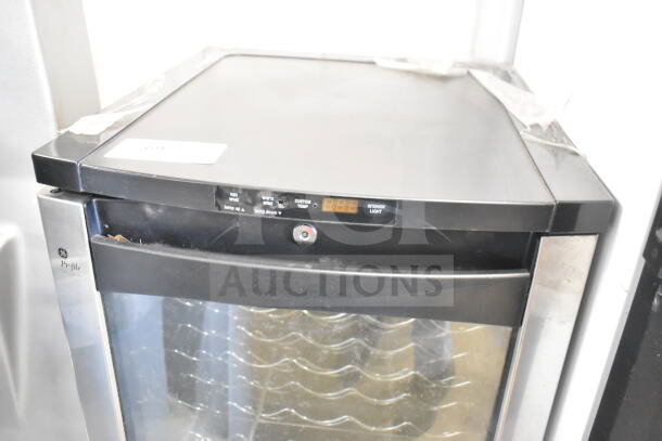 General Electric GE PWR04FANBBS mini beverage cooler merchandiser, single door, digital display, 115 volts, commercial use.