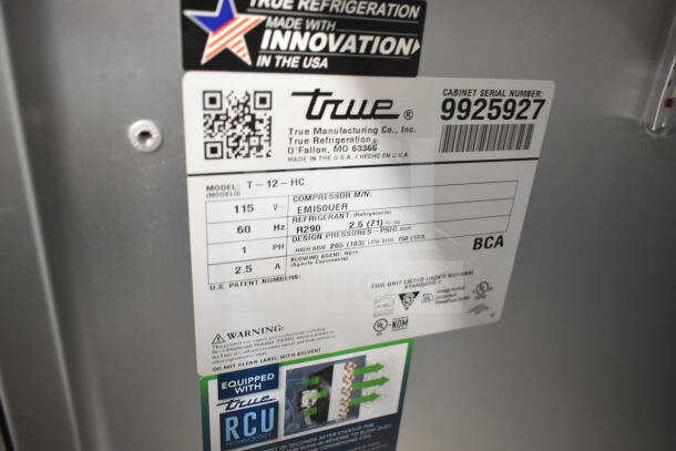 2020 True T-12-HC Cooler label showing model, voltage, and refrigerant details. 115V, 1 phase, R290 refrigerant.