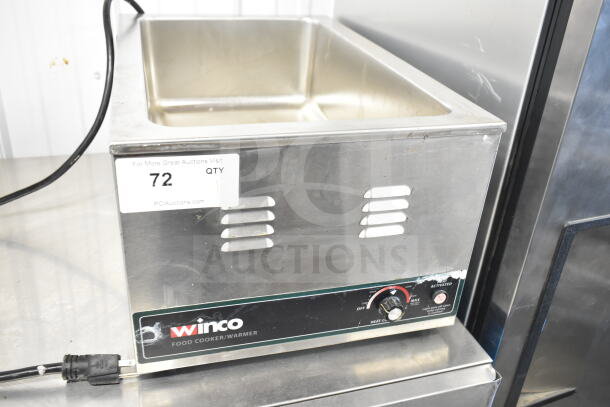 Winco FW-S600 Countertop Food Warmer, 120V, 1 Phase, stainless steel, visible surface wear, control knob, auction lot tag 72.