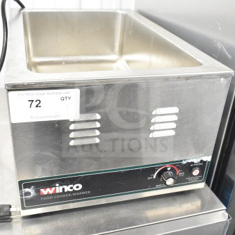 Winco FW-S600 Countertop Food Warmer, 120V, 1 Phase, stainless steel, visible surface wear, control knob, auction lot tag 72.