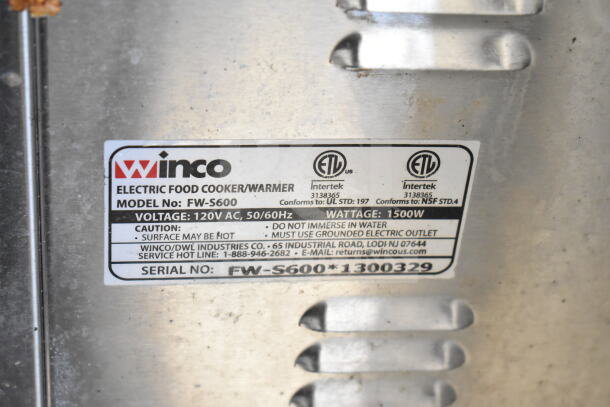 Winco FW-S600 Countertop Food Warmer label, 120V, 1500W, showing model, voltage, and safety instructions.