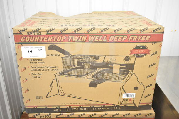 Brand new Winco EFT-32 countertop electric fryer with two 16 lb vats. Scratch and dent condition.