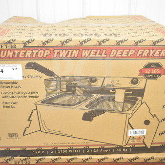 Brand new Winco EFT-32 countertop electric fryer with two 16 lb vats. Scratch and dent condition.