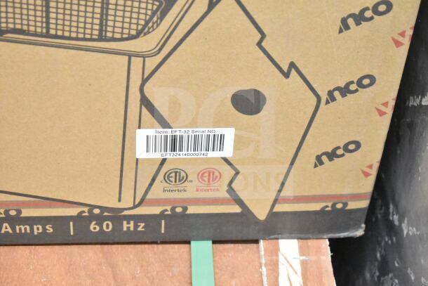 Brand new scratch and dent Winco EFT-32 countertop electric fryer box, with (2) 16 lb vats; ETL-listed. Serial: EFT324140000742.