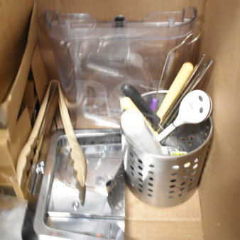 Assorted kitchen utensils and frying pans in a box, includes tongs, metal utensil holder, and slicer. Mixed condition.