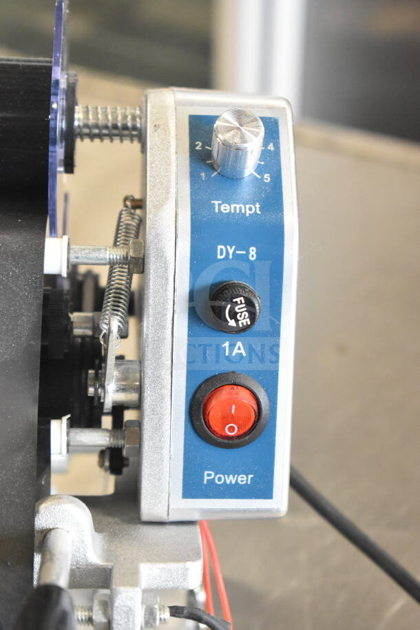 DY-8 Direct Heat Coding Machine, 110V, 1 Phase, shows temperature dial, power switch, and 1A fuse. Model DY-8 marked.