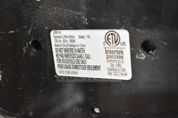 Jura 118 Countertop Espresso Machine label, showing model, electrical specifications, and safety warnings.