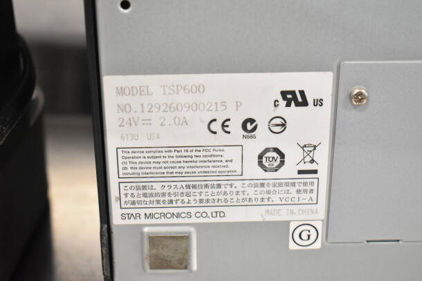 Epson M129H/Star TSP600 receipt printer label, model TSP600, 24V 2.0A. Includes regulatory compliance information.