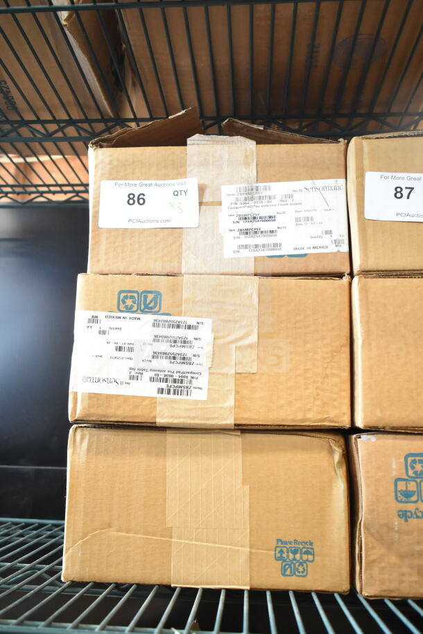 Boxes of Sensormatic ZBSMPCPEF Compact Pad Pro FM ANT on a shelf, labeled with item and serial numbers, in new condition.