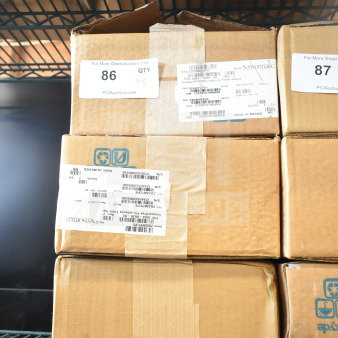 Boxes of Sensormatic ZBSMPCPEF Compact Pad Pro FM ANT on a shelf, labeled with item and serial numbers, in new condition.