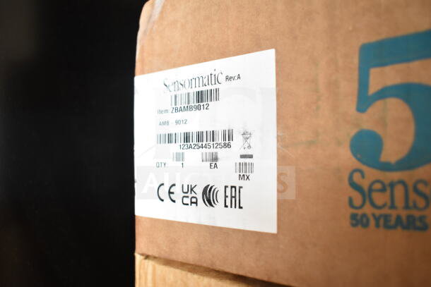 Sensormatic ZBAMB9012 Deactivator box label, includes item info, CE, UKCA, EAC marks.