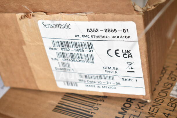 Sensormatic 0352-0659-01 Ethernet Isolator box. Features include CE and UKCA marking, made in Mexico.