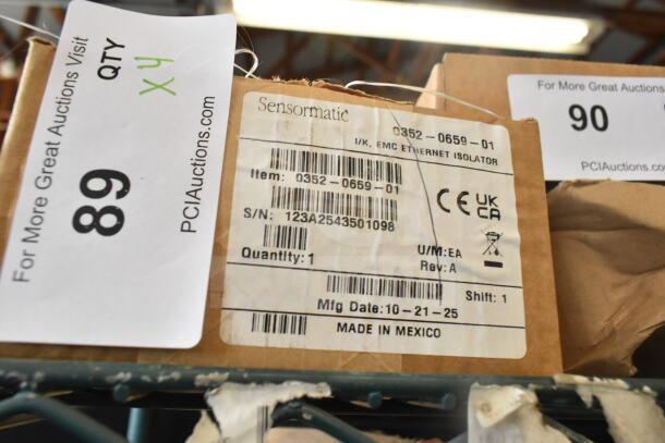 Sensormatic 0352-0659-01 Ethernet Isolator, 4-pack, new in box, S/N: 123A2543501098, made in Mexico, auction label included.