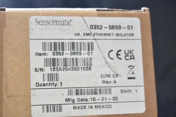 Sensormatic 0352-0659-01 Ethernet Isolator, new condition, with barcode, CE UKCA marks, made in Mexico.