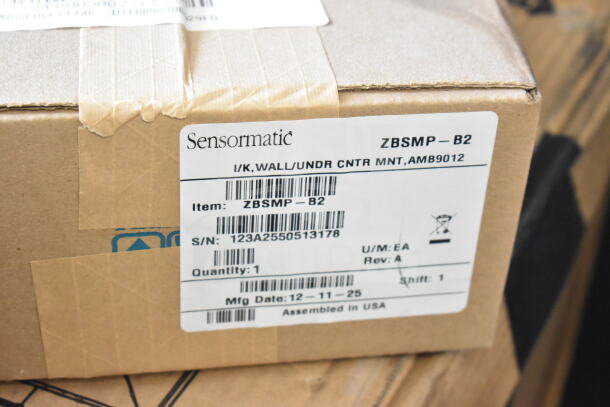 Sensormatic ZBSMP-B2 box label, item for I/K, wall, and counter mounting, serial number 123A2550513178, assembled in USA.
