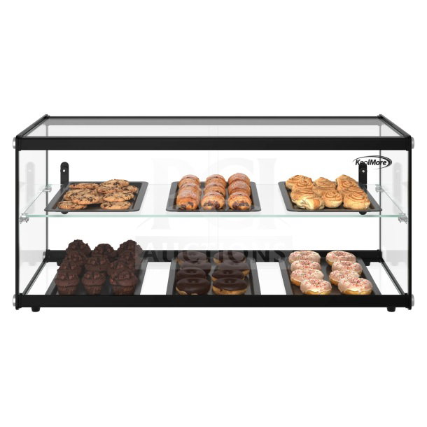 Brand new KoolMore KM-DC-3CSBK 2-tier pastry display case, 33-inch, with shelf and sliding door, 3.2 cu. ft. capacity.