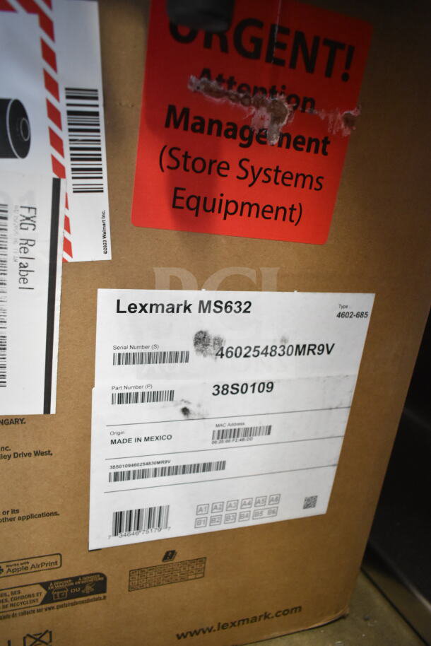 Lexmark MS632 Black & White Laser Printer in box with labels showing serial number 460254830MR9V and part number 38S0109.