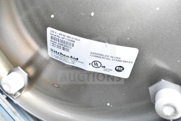 KitchenAid KSMC895CU 8 Qt. Bowl Lift Mixer label, 120V, 1 Phase, NSF, UL listed, assembled in USA, model tag detail.