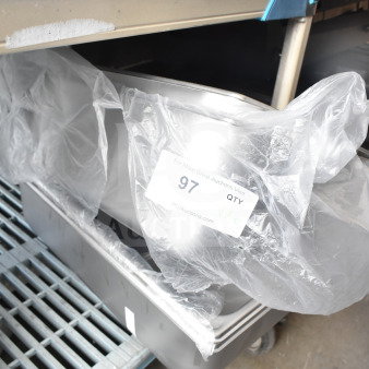 Stainless steel steam table pans, 5 pieces, Vigor brand, anti-jam, new condition, labeled with item number 97.