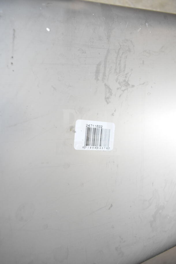 Barcode label on Vigor full-size, 6-inch deep stainless steam table pan. Item: 24711622. Scratch and dent condition.