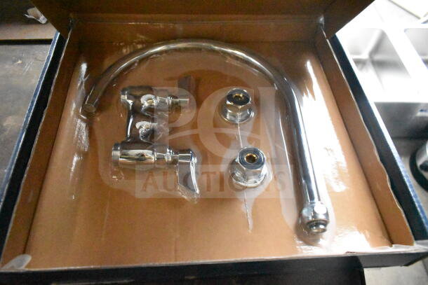 Brand new Waterloo 750FD4126 deck mount faucet with 12" gooseneck spout, 4" centers, minor scratch and dent.