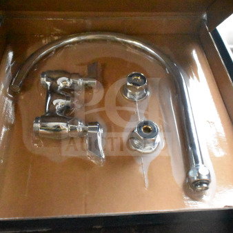 Brand new Waterloo 750FD4126 deck mount faucet with 12" gooseneck spout, 4" centers, minor scratch and dent.
