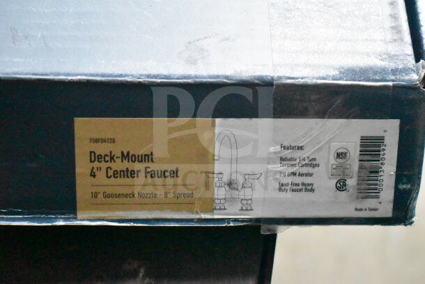 Brand new Waterloo deck mount faucet, model 750FD4126, with 12" gooseneck spout, 4" centers, scratch and dent condition.