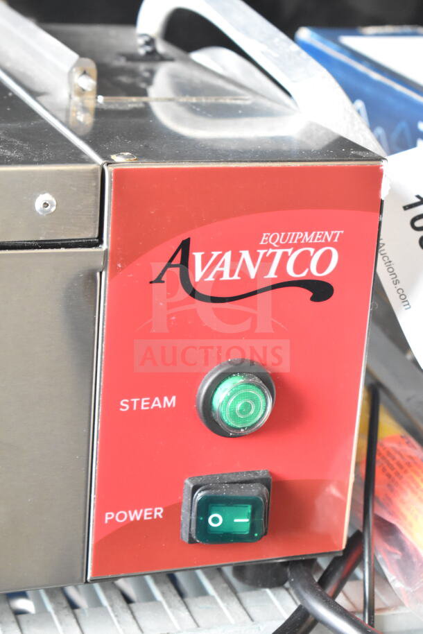 Avantco 177QS1800SS stainless steel countertop tortilla steamer, showing steam and power switches, 120V, new scratch/dent condition.