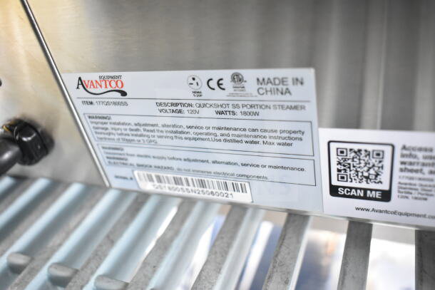 BRAND NEW Avantco 177QS1800SS stainless steel countertop tortilla/portion steamer, 120V, 1 phase, visible label details.