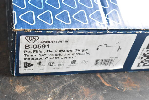Box of T&S B-0591 24" deck-mounted pot filler faucet with double-joint nozzle, single temp, and insulated on-off control.
