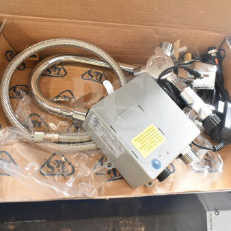 BRAND NEW T&S EC-3101 wall-mounted sensor faucet, 4 1/8" gooseneck spout, 2.2 GPM aerator, in box, slight scratches.