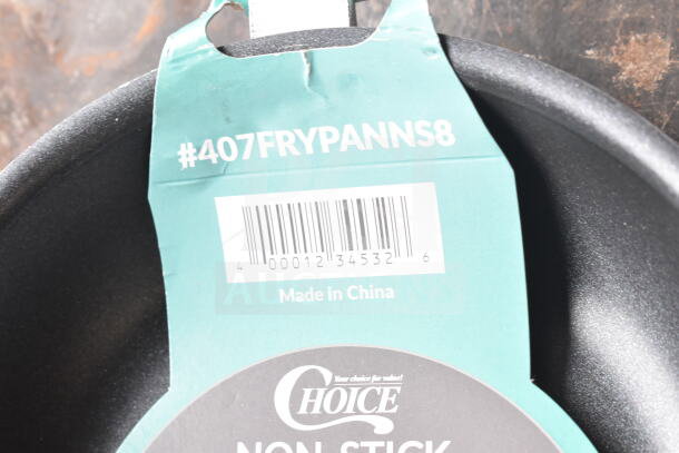 Choice 8" aluminum non-stick fry pan, brand new with scratch and dent. Includes barcode and tag #407FRYPANNS8. Made in China.