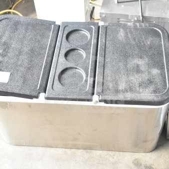 Brand new cooler with scratch and dent marks, features sturdy black lid with cup holders, labeled "110."