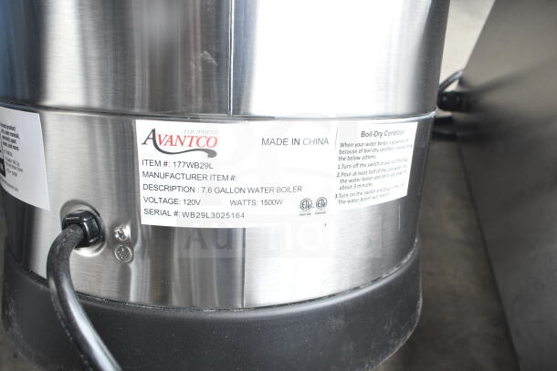 Brand new Avantco 177WB29L water boiler, 7.6 gal, 120V, 1500W. Features scratch and dent exterior, detailed label visible.