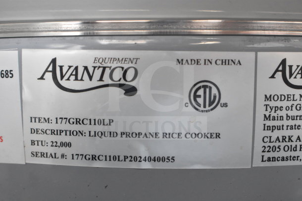 Avantco 177GRC110LP propane rice cooker, 110 cup capacity, 25,000 BTU, brand new scratch and dent, ETL listed, made in China.