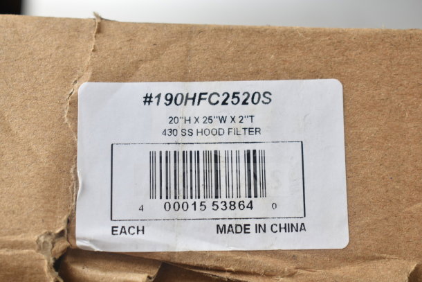 Alt Text: A label on a cardboard box shows "#190HFC2520S, 20"H x 25"W x 2"T, 430 SS Hood Filter, Made in China."