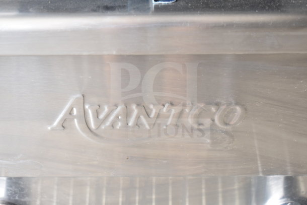 Avantco logo on stainless steel surface of 2025 Avantco 177F202 electric countertop fryer, new condition.