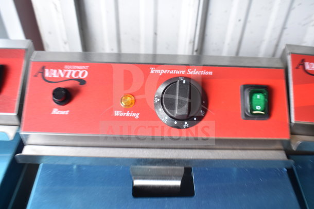 Avantco 177F202 fryer control panel with temperature dial, reset button, and power indicator. Red panel and brand logo visible.